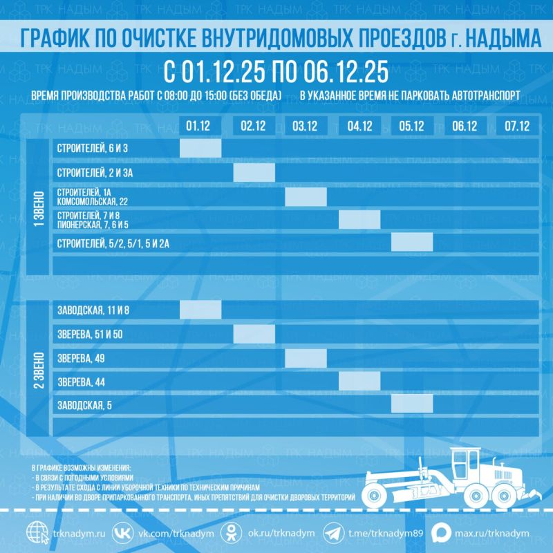 График расчистки снега в Надыме и п. Пангоды с 1 по 6 декабря