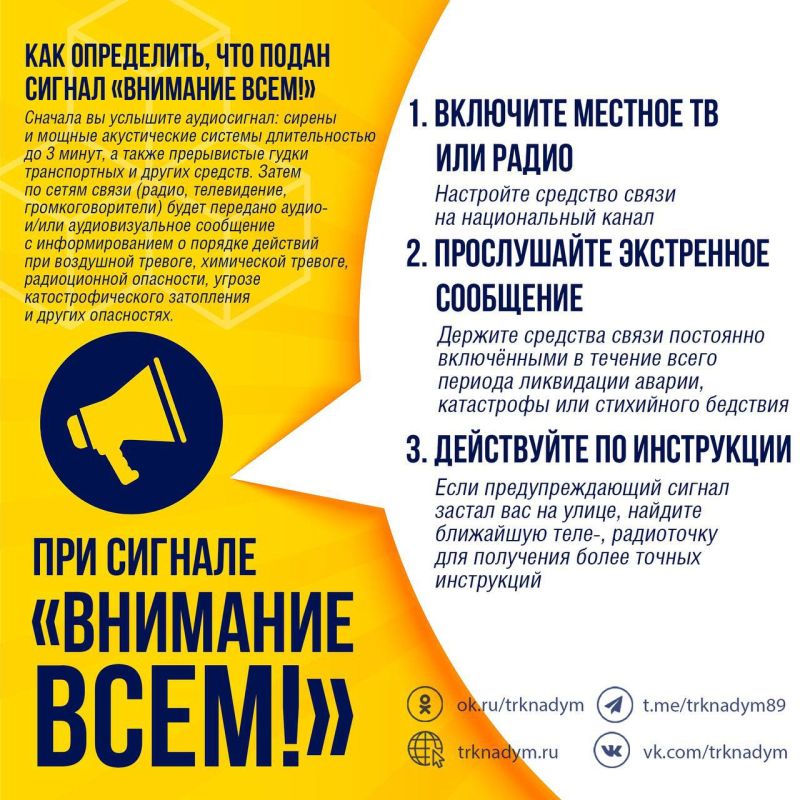 3 декабря с 10:00 до 10:30 на территории Надымского района будет проводиться проверка системы оповещения населения с включением электросирен и передачей речевых сообщений «ВНИМАНИЕ ВСЕМ»