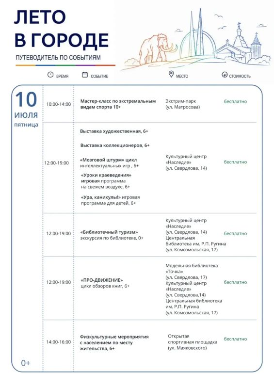 Планируйте неделю: с 6 по 12 июля вас ждут спортивные активности, творческие мастерские, экскурсии, игры Планируйте неделю: с 6 по 12 июля вас ждут спортивные активности, творческие мастерские, экскурсии, игры