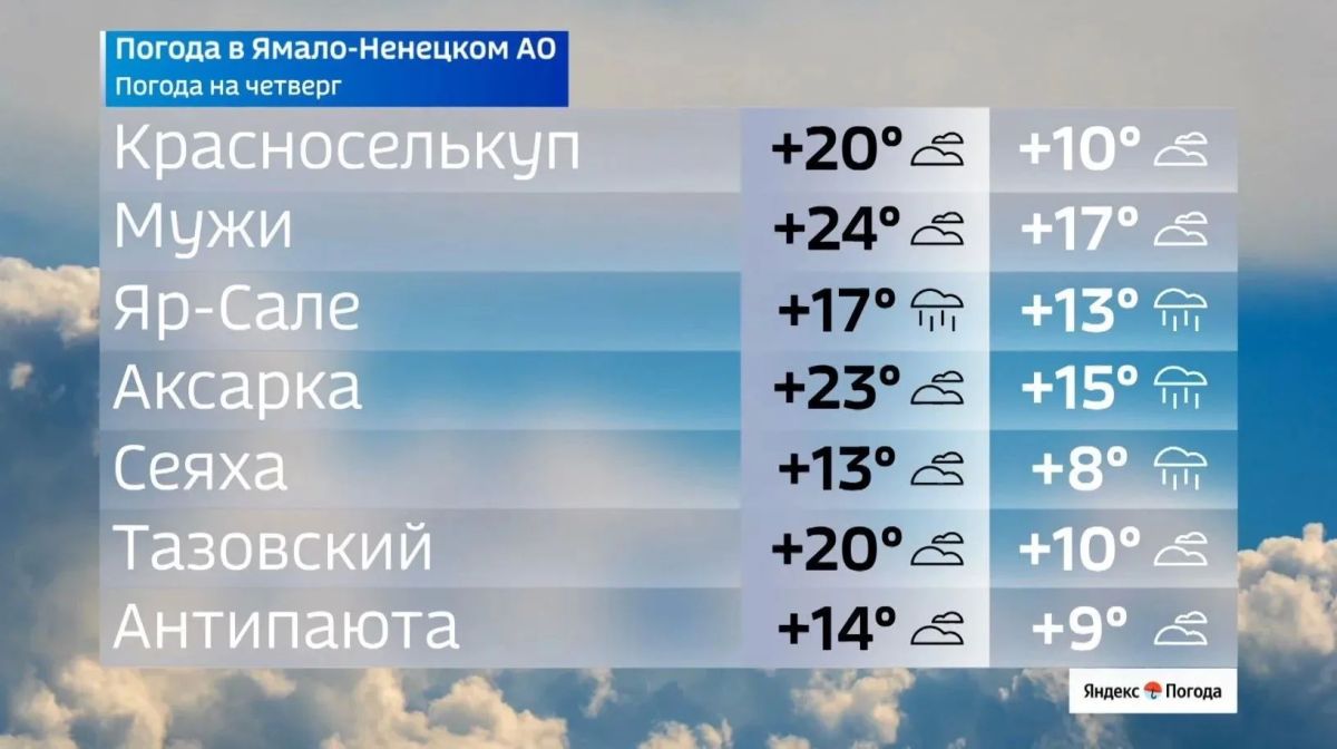 Теплый четверг. В четверг, 9 июля, на Ямале ожидается по-настоящему летняя погода Теплый четверг. В четверг, 9 июля, на Ямале ожидается по-настоящему летняя погода