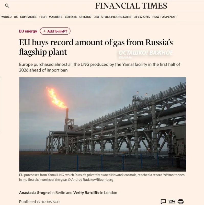 Готовящаяся к войне с Россией Европа перед запретом скупает рекордные объёмы российского СПГ