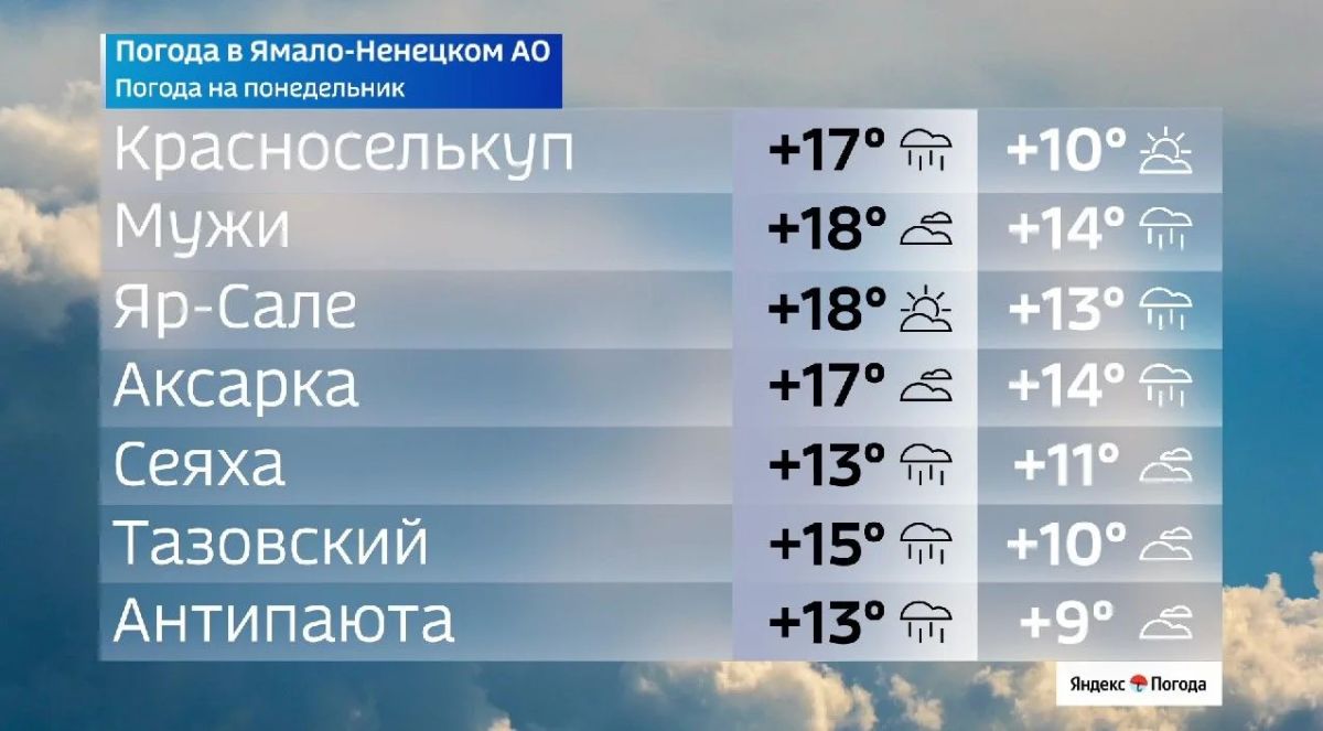 На Ямале рабочая неделя начнется с теплой, но дождливой погоды На Ямале рабочая неделя начнется с теплой, но дождливой погоды