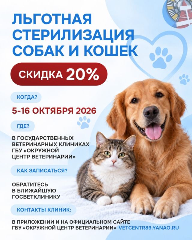 Льготная стерилизация собак и кошек — скидка 20%!